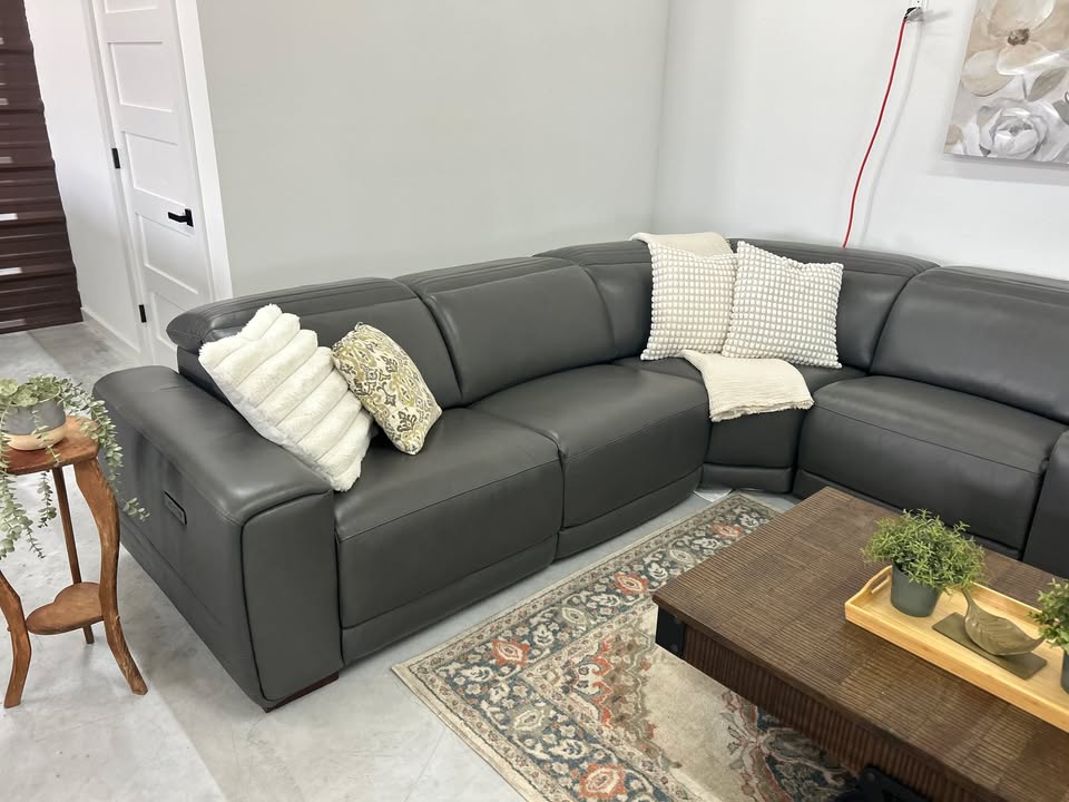 Karson Gray Leather Power Reclining Sectional with Power Headrests & USB Ports – Leather Living Room Sectional