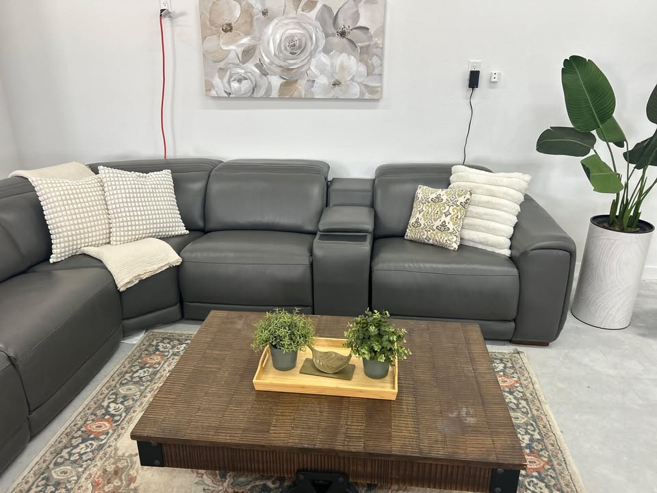 Karson Gray Leather Power Reclining Sectional with Power Headrests & USB Ports – Leather Living Room Sectional