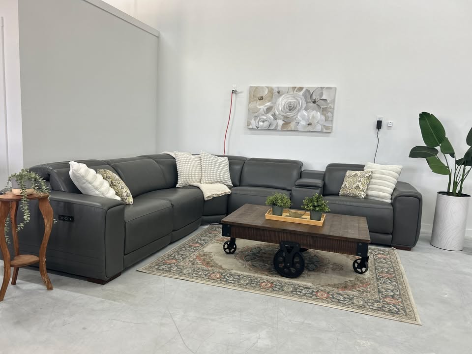 Karson Gray Leather Power Reclining Sectional with Power Headrests & USB Ports – Leather Living Room Sectional
