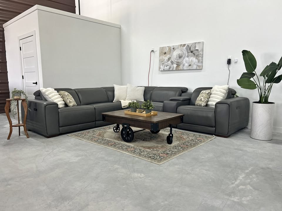 Karson Gray Leather Power Reclining Sectional with Power Headrests & USB Ports – Leather Living Room Sectional